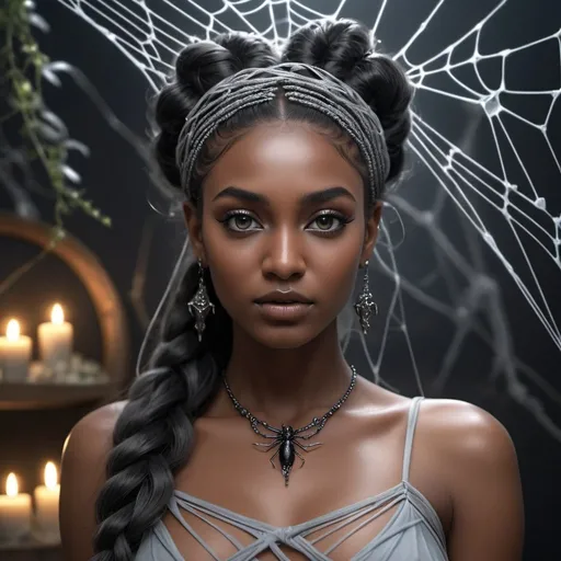 Prompt: HD 4k 3D, 8k, hyper realistic, professional modeling, ethereal Greek Goddess of Spiders, dark gray fishtail braided hair, dark skin, gorgeous face, spiderweb dress, black gemstone jewelry and baby's-breath headband, creepy dark web background, woven baskets, spiders, surrounded by ambient divine glow, detailed, elegant, ethereal, mythical, Greek, goddess, surreal lighting, majestic, goddesslike aura