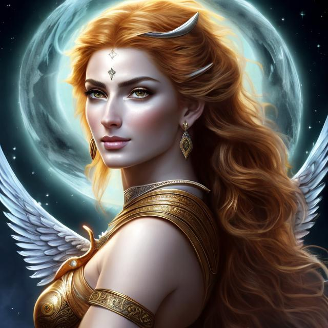 Prompt: HD 4k 3D 8k professional modeling photo hyper realistic beautiful woman ethereal greek goddess of divine retribution
orange hair dark eyes gorgeous face mixed skin elegant greek armor with whip and dagger and jewelry angel wings close up surrounded by ambient glow hd landscape background she is riding in a chariot drawn by griffins and geese are flying overhead
