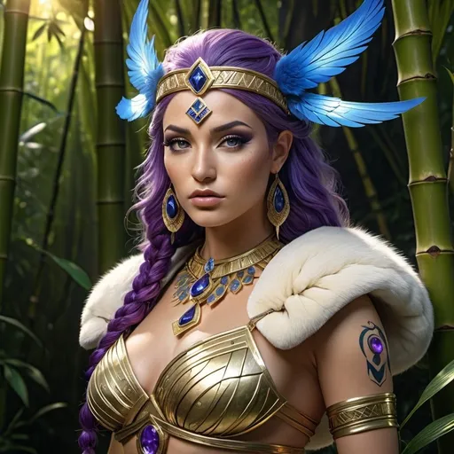 Prompt: HD 4k 3D, 8k, hyper realistic, professional modeling, ethereal Greek Goddess and Amazonian Queen, purple hair, ivory skin, gorgeous glowing face, Amazonian Warrior fur armor, sapphire jewelry and diadem, Amazon warrior, tattoos, full body, hunter, bamboo forest, surrounded by ambient divine glow, detailed, elegant, mythical, surreal dramatic lighting, majestic, goddesslike aura