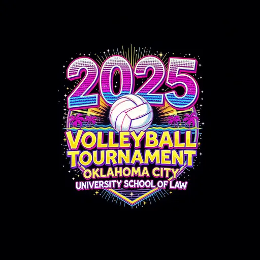Prompt: create a shirt design for an 80s design themed beach volleyball tournament neon bright colors

Make the design say: "2025 Volleyball Tournament Oklahoma City University School of Law"