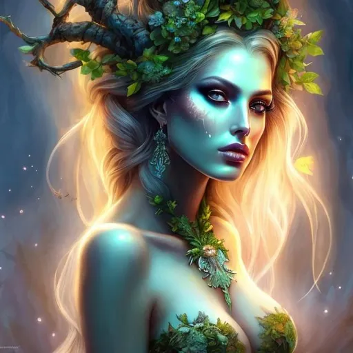 Prompt: HD 4k 3D, hyper realistic, professional modeling, ethereal Greek undead goddess of trees, green ombre hair, dark freckled skin, gorgeous face, gorgeous tree dress, tree jewelry and underworld crown, full body, ambient spooky glow, tree nymph in the underworld, landscape, detailed, elegant, ethereal, mythical, Greek, goddess, surreal lighting, majestic, goddesslike aura