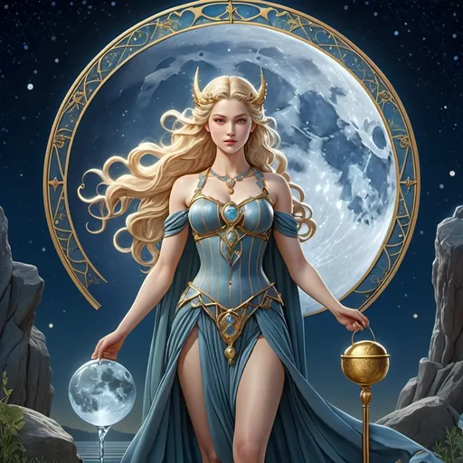 Prompt: tarot card Anime illustration, Bil Norse Goddess of lunar phases, waxing and waning moon, hyperrealistic, HD 4k 3D 8k professional modeling photo, beautiful pale woman enchanted, carrying pail of water, close up full body surrounded by ambient glow, magical, highly detailed, intricate, mythical background, elegant, surreal lighting, majestic, goddesslike aura