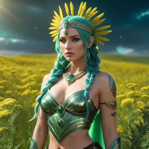 Prompt: HD 4k 3D, 8k, hyper realistic, professional modeling, ethereal Greek Goddess and Amazonian Warrior, green hair, pale skin, gorgeous glowing face, Amazonian Warrior fur armor, sphalerite jewelry and headband, Amazon warrior, tattoos, full body, combative, in a field of yarrow flowers, surrounded by ambient divine glow, detailed, elegant, mythical, surreal dramatic lighting, majestic, goddesslike aura