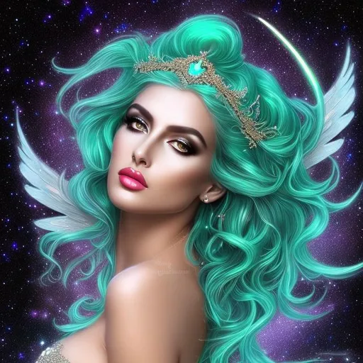 Prompt: HD 4k 3D, hyper realistic, professional modeling, ethereal Greek goddess of the stars, emerald green hair, mixed skin, gorgeous face, gorgeous dark metallic glittering dress,  dark glittering metallic jewelry and tiara of stars, angel wings, full body, ambient starlight glow, dark star, dark cosmos, black hole, dazzling light, landscape, detailed, elegant, ethereal, mythical, Greek, goddess, surreal lighting, majestic, goddesslike aura