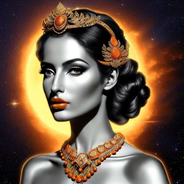 Prompt: HD 4k 3D, hyper realistic, professional modeling, ethereal Greek goddess of evening, black and white victory roll hair, dark skin, gorgeous face, golden orange velvet gown, evening jewelry and headband, full body, soft ambient yellow-orange glow of evening, alluring goddess, evening sky, birds in sky, detailed, elegant, ethereal, mythical, Greek, goddess, surreal lighting, majestic, goddesslike aura