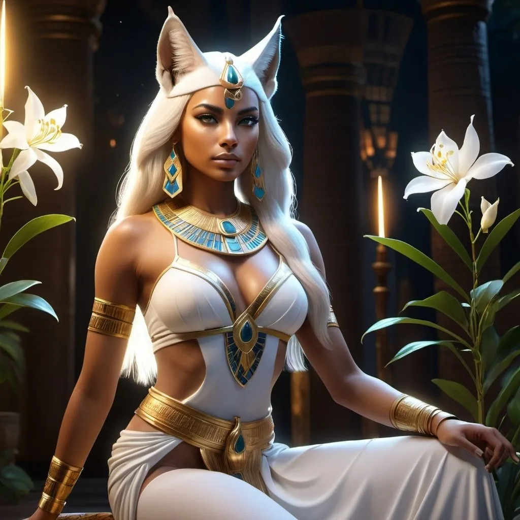 Prompt: HD 4k 3D, 8k, hyper realistic, professional modeling, ethereal Egyptian Warrior Goddess style, Caracal Goddess, beautiful huntress, jasmine flowers, glowing mixed skin, white hair, mythical warrior outfit, tiara, full body, tranquil night with blooming jasmine, Fantasy setting, surrounded by ambient divine glow, detailed, elegant, surreal dramatic lighting, majestic, goddesslike aura, octane render, artistic and whimsical