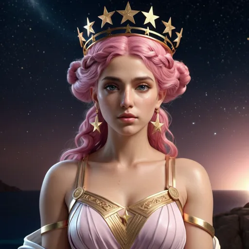 Prompt: HD 4k 3D, hyper realistic, professional modeling, ethereal Greek Goddess of Justice, pink hair, medium skin, gorgeous face, Greek dress, star jewelry and crown, full body, Virgo, starry night, innocence, purity, star-maiden, detailed, elegant, ethereal, mythical, Greek, goddess, surreal lighting, majestic, goddesslike aura