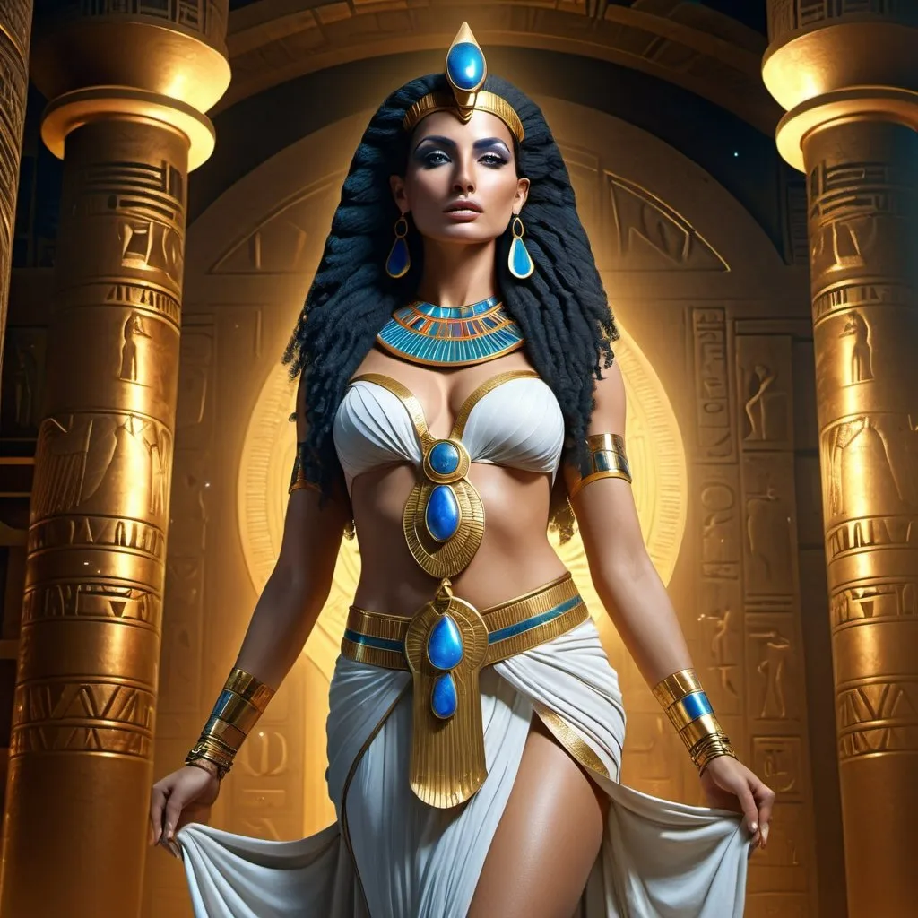Prompt: HD 4k 3D 8k professional modeling photo hyper realistic beautiful woman Egyptian Princess ethereal greek goddess Amunet, primordial cosmic goddess, full body surrounded by ambient glow, Egyptian afterlife, enchanted, magical, highly detailed, intricate, highly realistic woman, high fantasy background, elegant, mythical, surreal lighting, majestic, goddesslike aura, Annie Leibovitz style 


