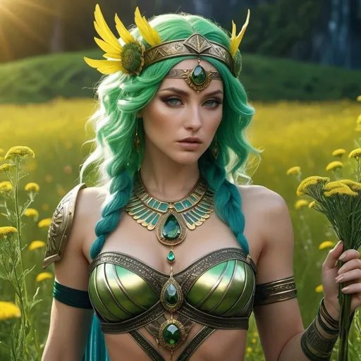 Prompt: HD 4k 3D, 8k, hyper realistic, professional modeling, ethereal Greek Goddess and Amazonian Warrior, green hair, pale skin, gorgeous glowing face, Amazonian Warrior fur armor, sphalerite jewelry and headband, Amazon warrior, tattoos, full body, combative, in a field of yarrow flowers, surrounded by ambient divine glow, detailed, elegant, mythical, surreal dramatic lighting, majestic, goddesslike aura