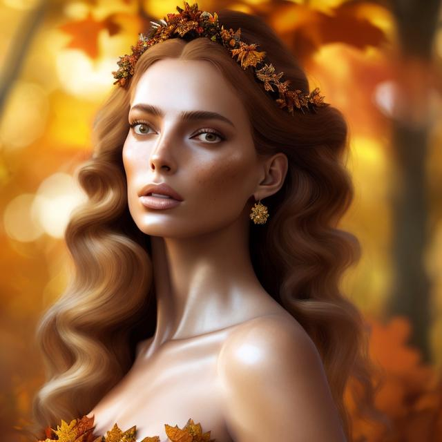 Prompt: HD 4k 3D, hyper realistic, professional modeling, ethereal Greek goddess of autumn, curly auburn hair, fair freckled skin, gorgeous face, gorgeous autumn foliage gown, autumn jewelry and leaf tiara, full body, ambient glow, autumn goddess, autumn forest landscape, detailed, elegant, ethereal, mythical, Greek, goddess, surreal lighting, majestic, goddesslike aura