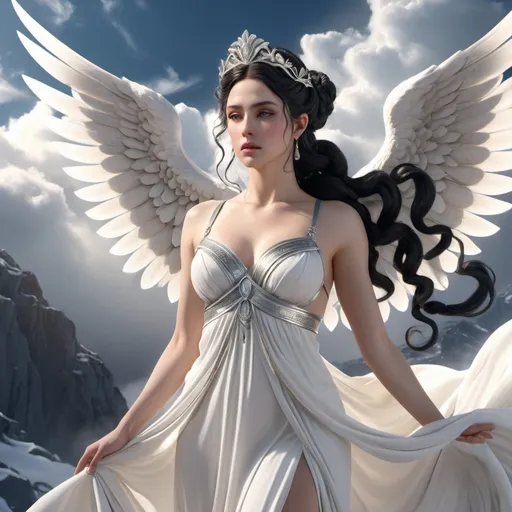 Prompt: HD 4k 3D, hyper realistic, professional modeling, ethereal Greek Goddess of Cold Mountain Winds, black pigtails hair, pale skin, gorgeous face, billowing gown and wings, marble jewelry and tiara, full body, flying through clouds, snow capped mountains, wind goddess, surrounded by divine glow, detailed, elegant, ethereal, mythical, Greek, goddess, surreal lighting, majestic, goddesslike aura
