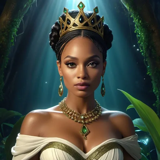 Prompt: HD 4k 3D, hyper realistic, professional modeling, enchanted black voodoo Princess - Tiana, beautiful, magical, detailed, highly realistic woman, high fantasy background, bayou, elegant, ethereal, mythical, Greek goddess, surreal lighting, majestic, goddesslike aura, Annie Leibovitz style 