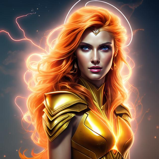 Prompt: HD 4k 3D 8k professional modeling photo hyper realistic beautiful  woman ethereal greek goddess of lightning
red orange and yellow hair tan skin gorgeous face shining gold armor shield gold jewelry lightning headpiece pixie wings full body surrounded by ambient  glow hd landscape power of lighting in the sky 

