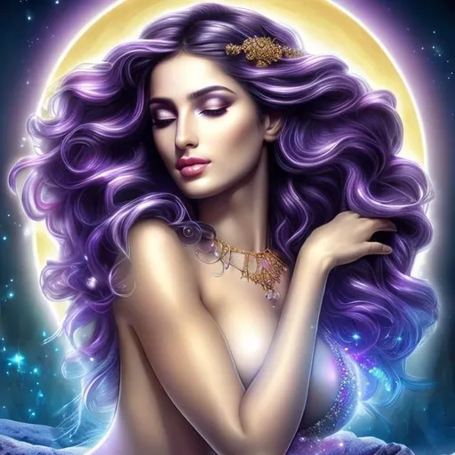 Prompt: HD 4k 3D, hyper realistic, professional modeling, ethereal Greek goddess of morning washing, dark purple ombre hair, white skin, gorgeous face, sparkling jewelry and headband, full body, ambient glow of morning, alluring sun goddess of bathing, washing, detailed, elegant, ethereal, mythical, Greek, goddess, surreal lighting, majestic, goddesslike aura