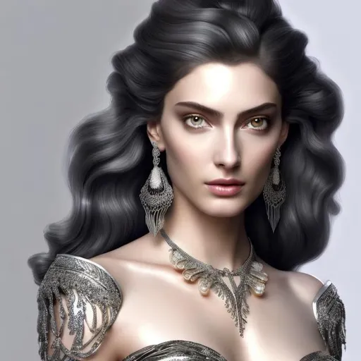 Prompt: HD 4k 3D, hyper realistic, professional modeling, ethereal Greek goddess, silver and black hair with ram horns, pale skin, shining silver gown, gorgeous face, shining jewelry and diadem, full body, ambient glow, glorious starry light, fiery, detailed, elegant, ethereal, mythical, Greek, goddess, surreal lighting, majestic, goddesslike aura