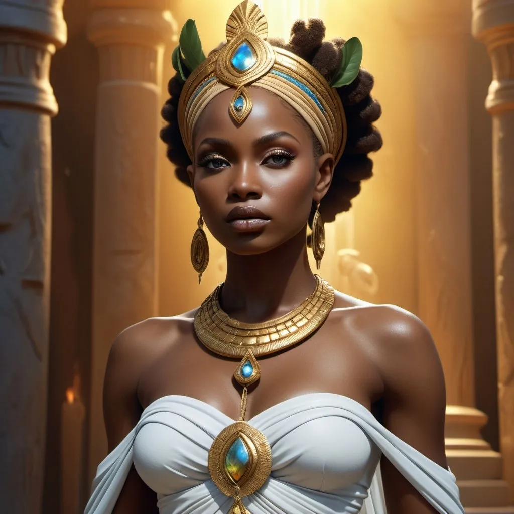 Prompt: HD 4k 3D, hyper realistic, professional modeling, enchanted African goddess mythology Princess, beautiful, magical, detailed, highly realistic woman, high fantasy background, Africa, elegant, ethereal, mythical, Greek goddess, surreal lighting, majestic, goddesslike aura, Annie Leibovitz style 