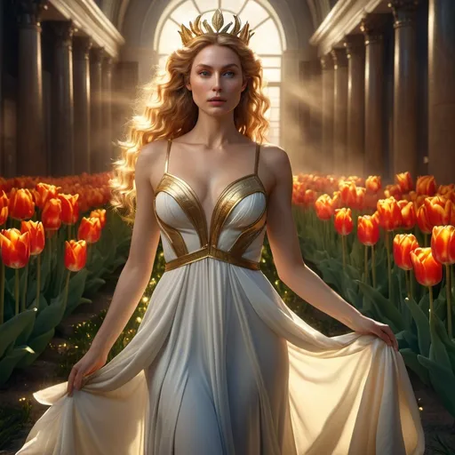 Prompt: HD 4k 3D 8k professional modeling photo hyper realistic beautiful woman Dutch Summer Princess ethereal greek goddess gorgeous face full body surrounded by ambient glow, enchanted, magical, detailed, highly realistic woman, high fantasy background, tulip dress, elegant, mythical, surreal lighting, majestic, goddesslike aura, Annie Leibovitz style 


