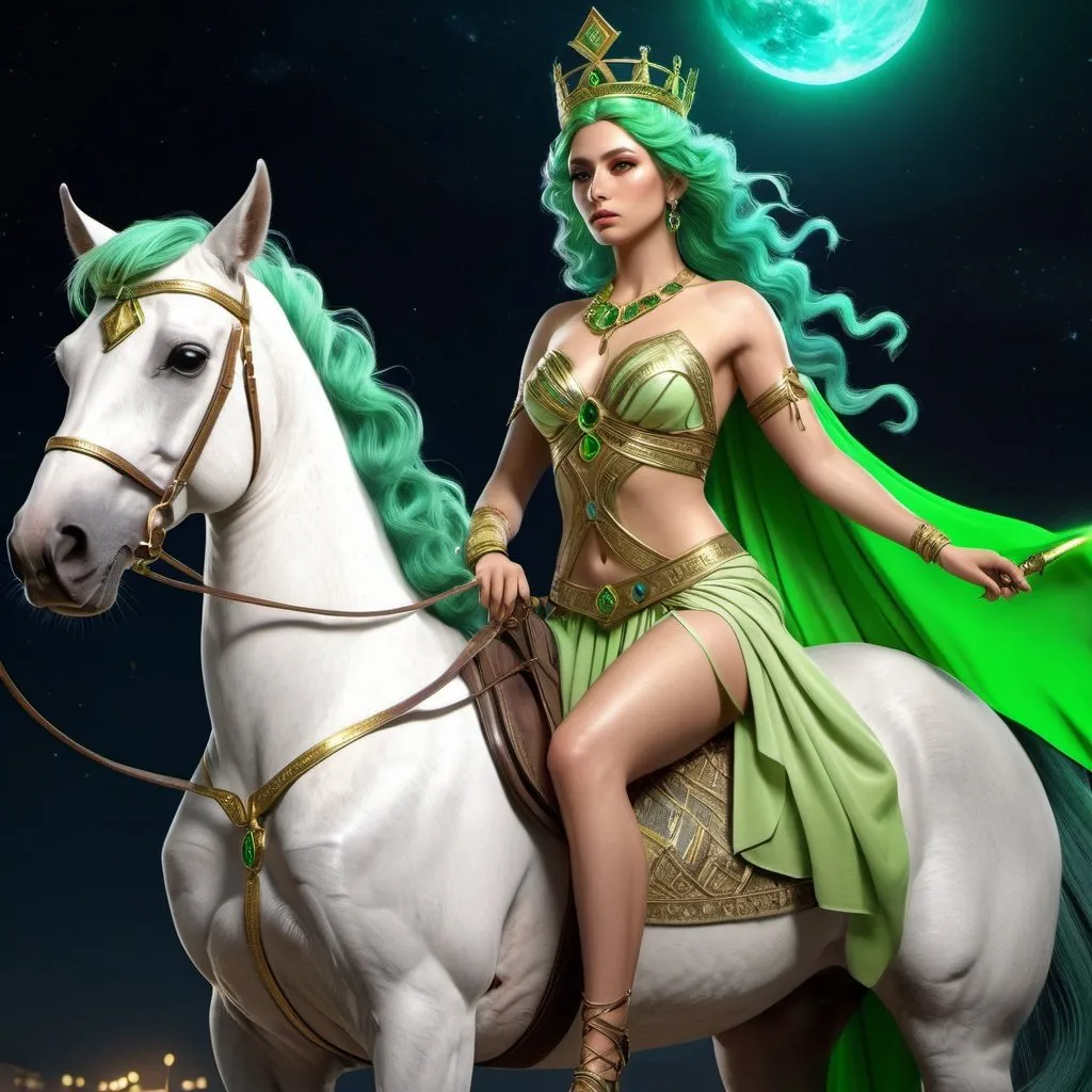 Prompt: HD 4k 3D, hyper realistic, professional modeling, ethereal Greek Goddess of Crossroads, bright green hair, mixed skin, gorgeous face,  grecian gown, lapiz jewelry and crown, holding a torch riding a horse, full body, crossroads at night, dog companion, protector, detailed, elegant, ethereal, mythical, Greek, goddess, surreal lighting, majestic, goddesslike aura