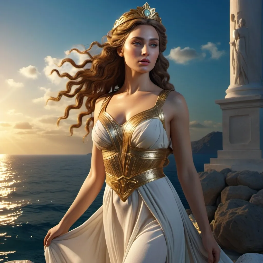 Prompt: HD 4k 3D 8k professional modeling photo hyper realistic beautiful woman Princess of Florin ethereal greek goddess gorgeous face full body surrounded by ambient glow, enchanted, magical, detailed, highly realistic woman, high fantasy background, kingdom by the sea, elegant, mythical, surreal lighting, majestic, goddesslike aura, Annie Leibovitz style 

