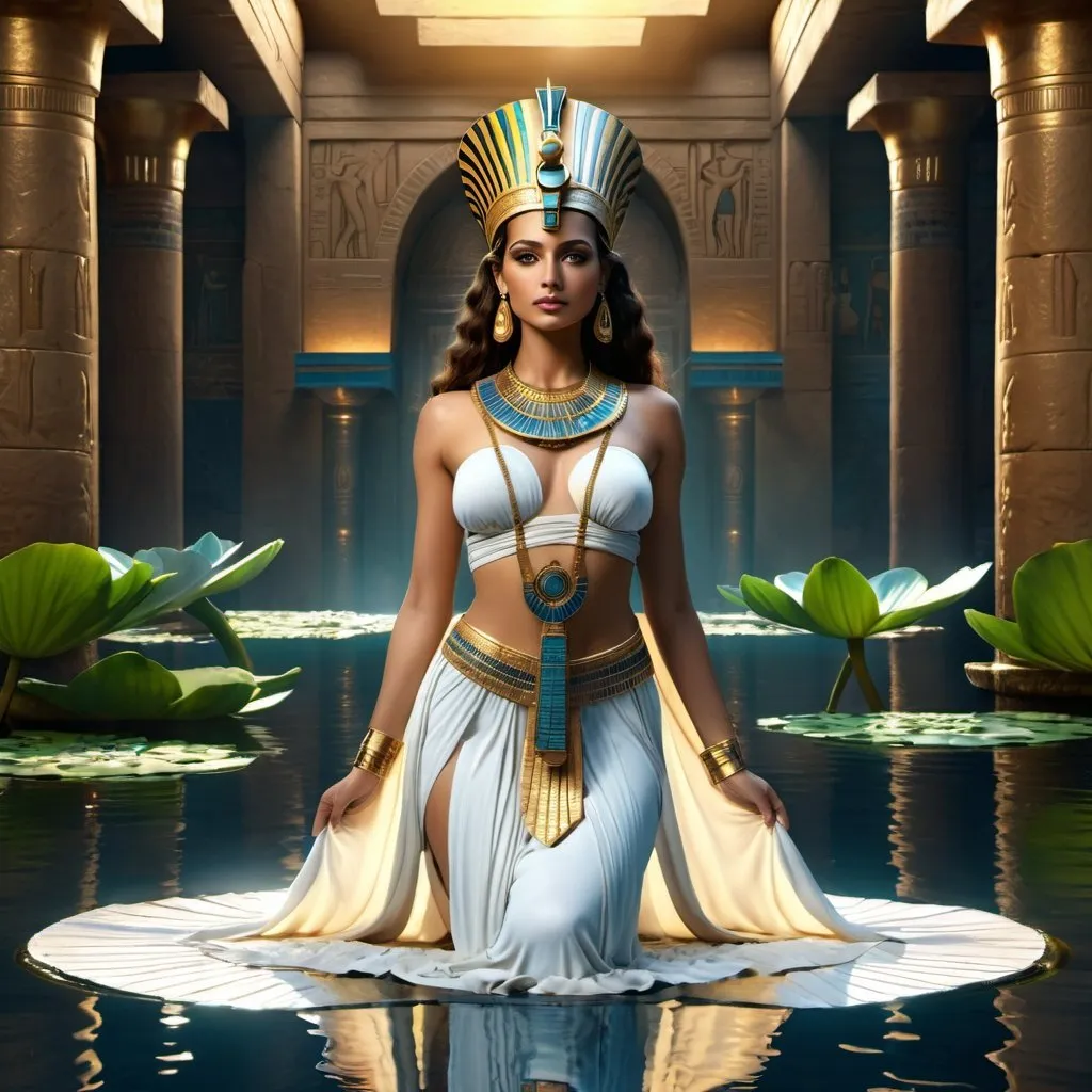 Prompt: HD 4k 3D 8k professional modeling photo hyper realistic beautiful woman enchanted Egyptian Princess Anmeris, ethereal greek goddess, full body surrounded by ambient glow, magical, highly detailed, intricate, beautiful Cleopatra style, water lilies, outdoor landscape, highly realistic woman, high fantasy background, elegant, mythical, surreal lighting, majestic, goddesslike aura, Annie Leibovitz style 

