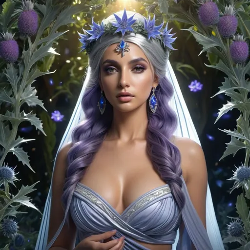 Prompt: HD 4k 3D, 8k, hyper realistic, professional modeling, ethereal Greek Goddess and first woman Pandora, purple half up twist hair, olive skin, gorgeous glowing face, silvery gown, embroidered veil, blue jewelry and garland and silver headband, wild and lush vegetation, pandora's box, sea holly flowers, surrounded by ambient divinity glow, detailed, elegant, mythical, surreal dramatic lighting, majestic, goddesslike aura