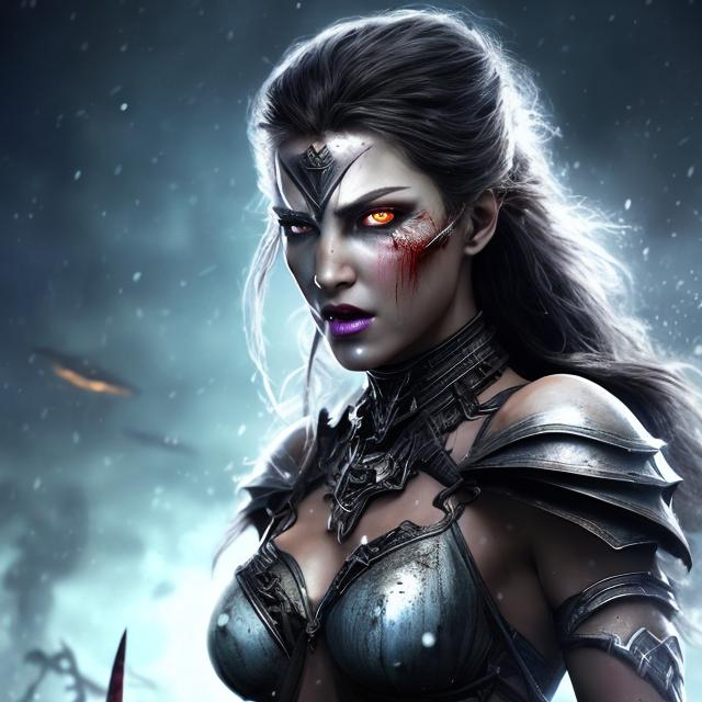 Prompt: HD 4k 3D 8k professional modeling photo hyper realistic beautiful barbarian demon woman ethereal greek goddess of mad rage and frenzy
dark gray hair dark eyes gorgeous face pale skin scarred shiny tattered armored dress  full body surrounded by evil glow hd landscape background tough woman at night with falling snow and rabid wolves at her command