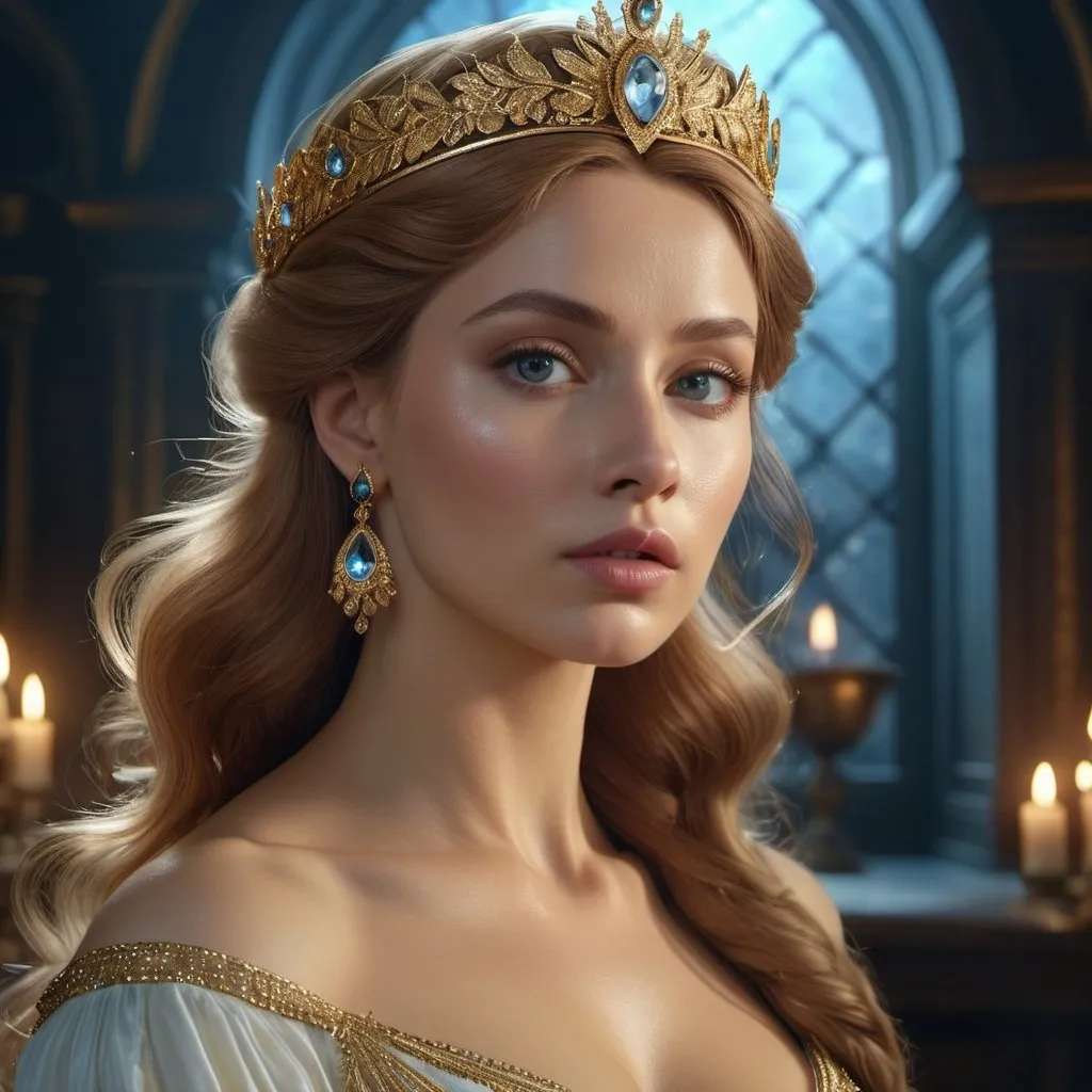 Prompt: HD 4k 3D, hyper realistic, professional modeling, enchanted Russian Princess - Anastasia, beautiful, magical, high fantasy background, detailed, highly realistic woman, elegant, ethereal, mythical, Greek goddess, surreal lighting, majestic, goddesslike aura, Annie Leibovitz style 