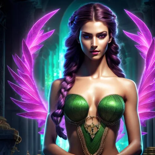 Prompt: HD 4k 3D 8k professional modeling photo hyper realistic beautiful woman ethereal greek goddess of discipline
dark purple hair in braid green eyes gorgeous face fair skin muscular body feminine armor jewelry and diadem full body surrounded by ambient glow hd landscape background she is guarding treasure in temple
