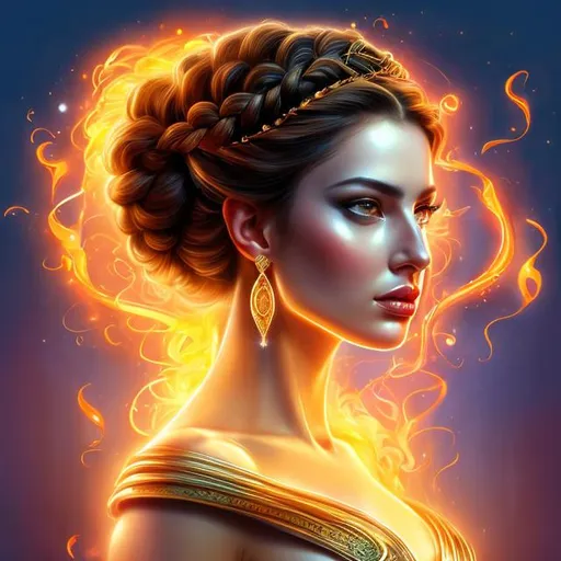 Prompt: HD 4k 3D, hyper realistic, professional modeling, ethereal Greek goddess of Volcanoes, black double braided buns hair, fair skin, gorgeous face, gorgeous fiery gown, fiery jewelry and tiara of flame, nymph, full body, ambient glow, volcano, landscape, detailed, elegant, ethereal, mythical, Greek, goddess, surreal lighting, majestic, goddesslike aura