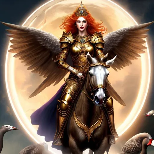 Prompt: HD 4k 3D 8k professional modeling photo hyper realistic beautiful woman ethereal greek goddess of divine retribution
orange hair dark eyes gorgeous face mixed skin elegant greek armor with whip and dagger and jewelry angel wings close up surrounded by ambient glow hd landscape background she is riding in a chariot drawn by griffins and geese are flying overhead
