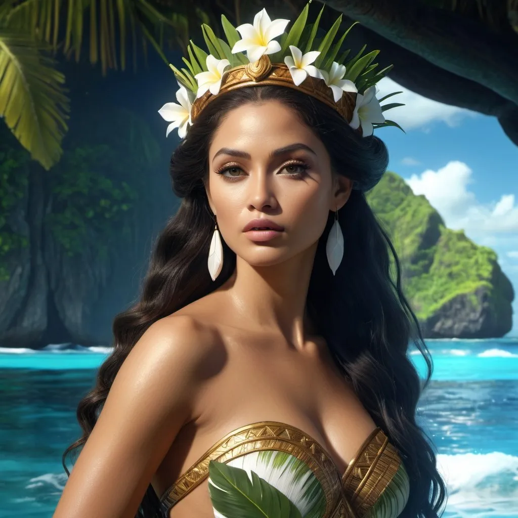 Prompt: HD 4k 3D, hyper realistic, professional modeling, enchanted Polynesian mythology Princess, beautiful, magical, detailed, highly realistic woman, high fantasy background, tropical polynesia island and ocean, elegant, ethereal, mythical, Greek goddess, surreal lighting, majestic, goddesslike aura, Annie Leibovitz style 