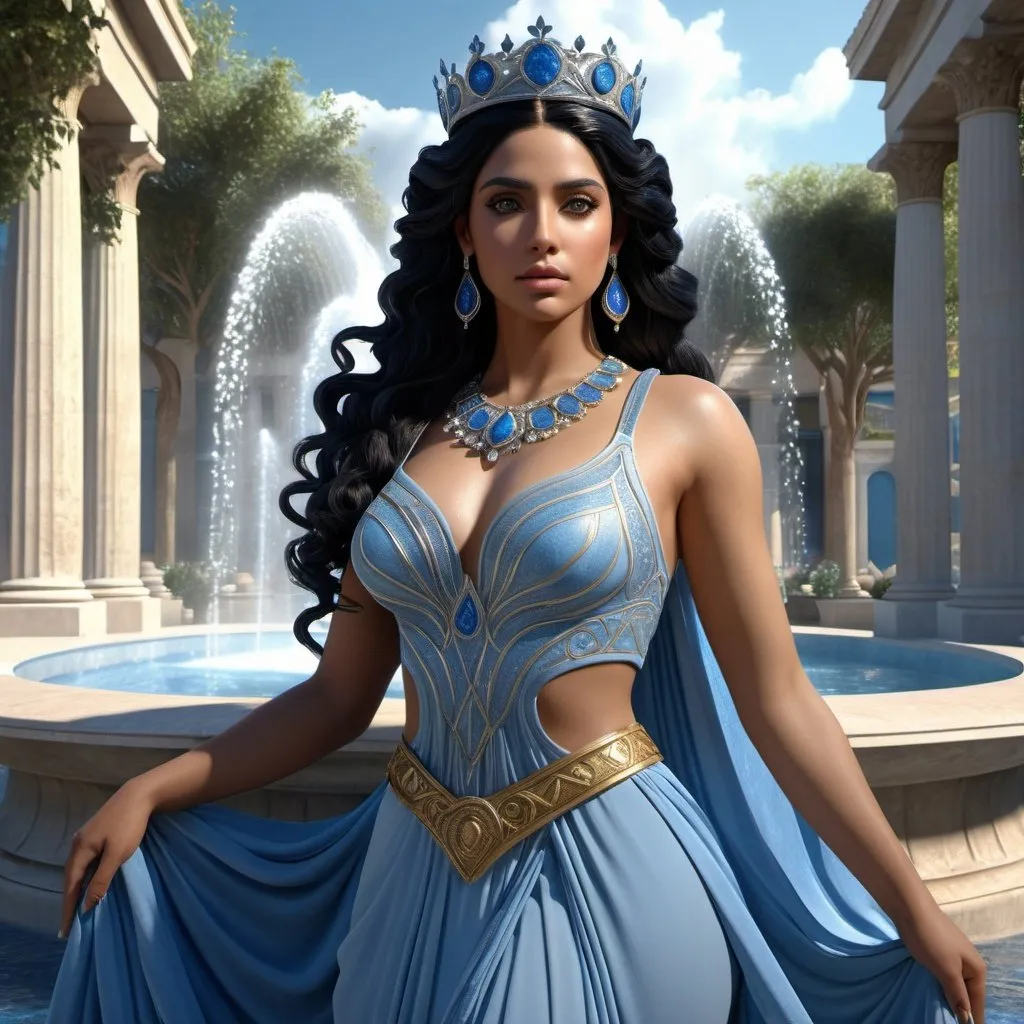 Prompt: HD 4k 3D, 8k, hyper realistic, professional modeling, ethereal Greek Goddess and Trojan Princess, black hair, brown skin, gorgeous glowing face, blue gown, silver jewelry and crown, garden fountain, dusty miller lacy flowers, paradise, surrounded by ambient divinity glow, detailed, elegant, mythical, surreal dramatic lighting, majestic, goddesslike aura