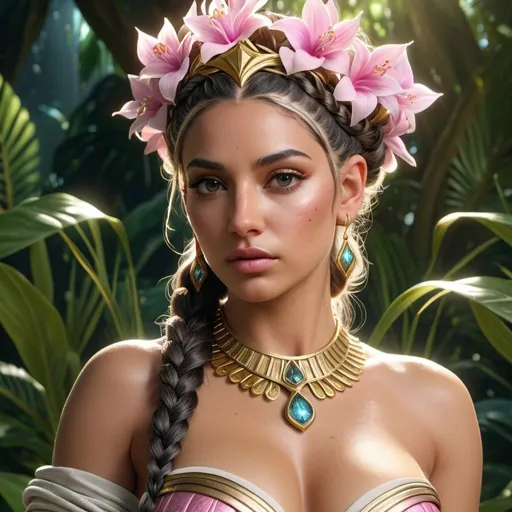 Prompt: HD 4k 3D, 8k, hyper realistic, professional modeling, ethereal Greek Goddess and Amazonian Queen, pink milkmaid braid hair, olive skin, gorgeous glowing face, Amazonian Warrior plant armor, white jewelry and crown, Amazon warrior, tattoos, full body, Oasis, paradise, surrounded by ambient divine glow, detailed, elegant, mythical, surreal dramatic lighting, majestic, goddesslike aura