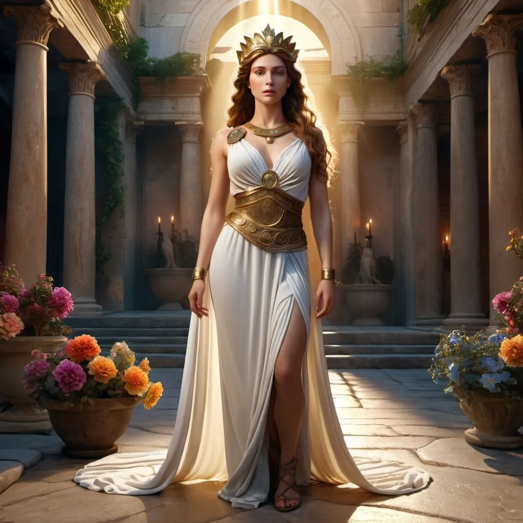 Prompt: HD 4k 3D 8k professional modeling photo hyper realistic beautiful woman Roman Princess ethereal greek goddess gorgeous face full body surrounded by ambient glow, enchanted, magical, detailed, highly realistic woman, high fantasy background, Ancient Roman courtyard colorful florals, elegant, mythical, surreal lighting, majestic, goddesslike aura, Annie Leibovitz style 

