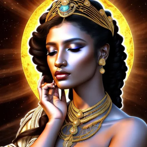 Prompt: HD 4k 3D, hyper realistic, professional modeling, ethereal Greek goddess of afternoon prayer, brown and black half up twist hair, brown skin, gorgeous face, priestess dress, religious jewelry and crown, full body, ambient glow of afternoon, alluring goddess, praying, afternoon meditation, piety, detailed, elegant, ethereal, mythical, Greek, goddess, surreal lighting, majestic, goddesslike aura