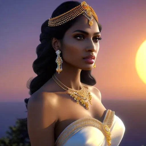 Prompt: HD 4k 3D, hyper realistic, professional modeling, ethereal Greek goddess of sunset, soft white hair, black skin, gorgeous face, pinkish red evening gown, elegant jewelry and tiara, full body, soft ambient glow of sunset on the horizon, alluring goddess, evening sky, sun setting in the sky, detailed, elegant, ethereal, mythical, Greek, goddess, surreal lighting, majestic, goddesslike aura