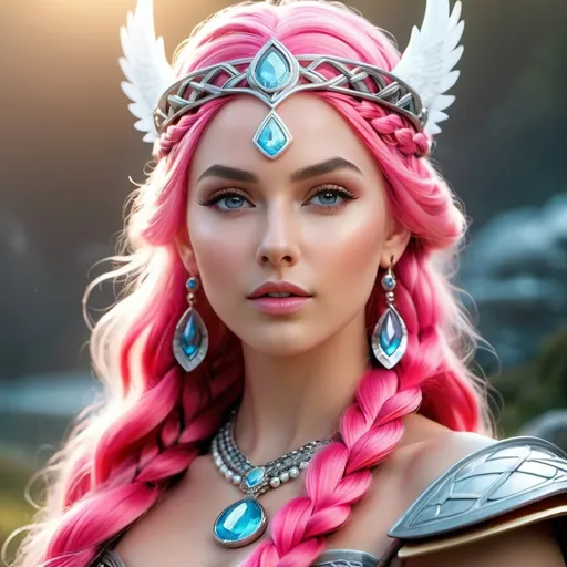 Prompt: Idis Norse Goddess of Respect and Dignity, hyper realistic, HD 4k 3D, professional modeling, ethereal, bright pink bubble braid hair, beige skin, gorgeous face, gorgeous jewelry and tiara, Valkyrie warrior maiden, ambient divine glow, detailed, elegant, ethereal, mythical, goddess, radiant lighting, majestic, goddesslike aura, Norse Viking Mythology