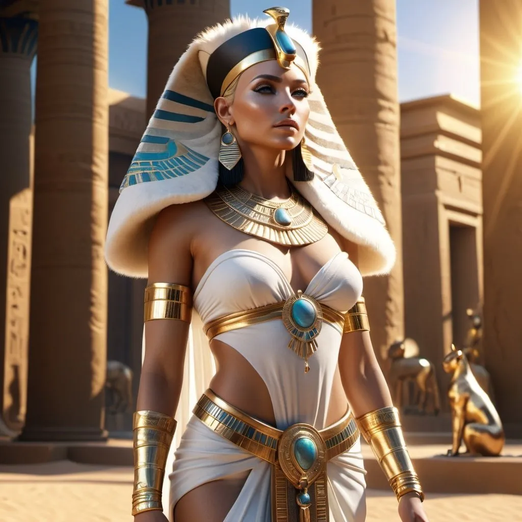 Prompt: HD 4k 3D, 8k, hyper realistic, professional modeling, ethereal Egyptian Goddess style, Lioness goddess, beautiful, glowing white skin, blonde hair, mythical fur clothing and jewelry, headpiece, full body, sunshine, Fantasy setting, surrounded by ambient divine glow, detailed, elegant, surreal dramatic lighting, majestic, goddesslike aura, octane render, artistic and whimsical