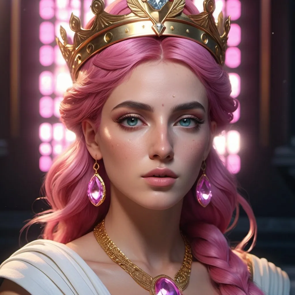 Prompt: HD 4k 3D, 8k, hyper realistic, professional modeling, ethereal Greek Goddess Caeneus, pink hair, fair skin, gorgeous glowing face, androgynous outfit, diamond gemstone jewelry and crown, heroine, powerful, surrounded by ambient divinity glow, detailed, elegant, mythical, surreal dramatic lighting, majestic, goddesslike aura