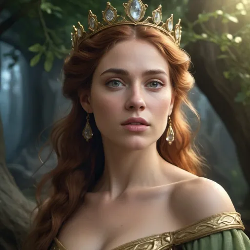 Prompt: HD 4k 3D, hyper realistic, professional modeling, enchanted Classic Princess - Fiona, strong, beautiful, magical, proud, high fantasy background, detailed, highly realistic woman, elegant, ethereal, mythical, Greek goddess, surreal lighting, majestic, goddesslike aura, Annie Leibovitz style 