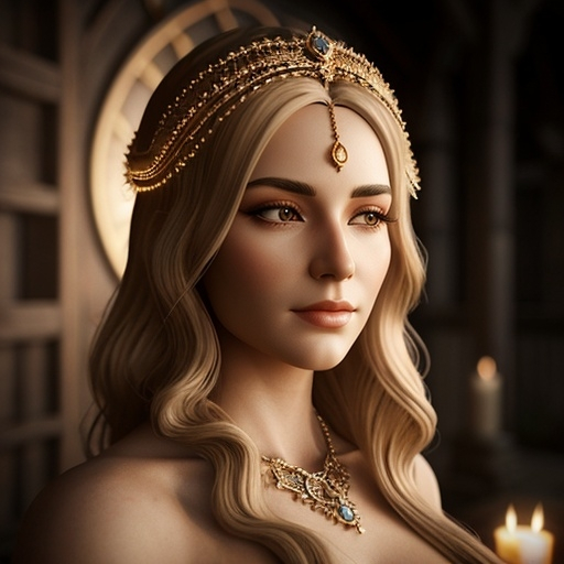 Prompt: Ceridwen, evil Welsh witch, lives near Bala Lake  in north Wales. Medieval Welsh poetry refers to her as possessing the cauldron of poetic inspiration. Ceridwen is regarded by many modern pagans as the Celtic goddess of rebirth, transformation, and inspiration, hyper realistic, HD 4k 3D, professional modeling, ethereal, blonde hair, white skin, gorgeous face, jewelry and headpiece, ambient divine glow, detailed and intricate, elegant, ethereal, mythical, goddess, radiant lighting, majestic, goddesslike aura