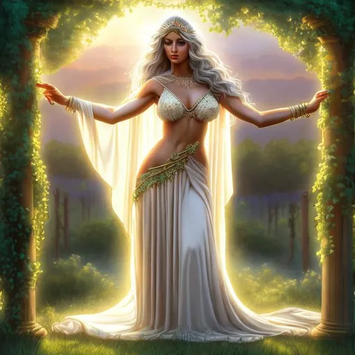 Prompt: HD 4k 3D, hyper realistic, professional modeling, ethereal Greek goddess of wine and friendship, white hair, tan skin, gorgeous face, gorgeous grecian embroidered gown,  jewelry and diadem of vines, nymph, full body, ambient glow, vineyard, wine,  landscape, detailed, elegant, ethereal, mythical, Greek, goddess, surreal lighting, majestic, goddesslike aura