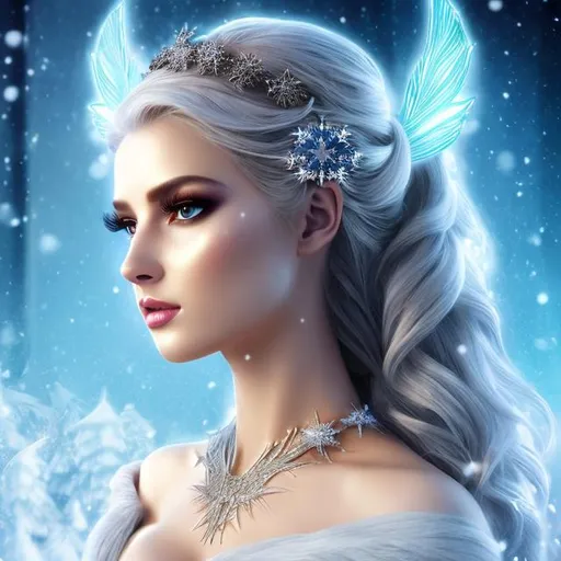 Prompt: HD 4k 3D 8k professional modeling photo hyper realistic beautiful woman ethereal greek goddess pixie of snow
silver hair gorgeous face mixed skin winter gown winter jewelry snow crown pixie wings full body surrounded by ambient glow hd landscape snow castle

