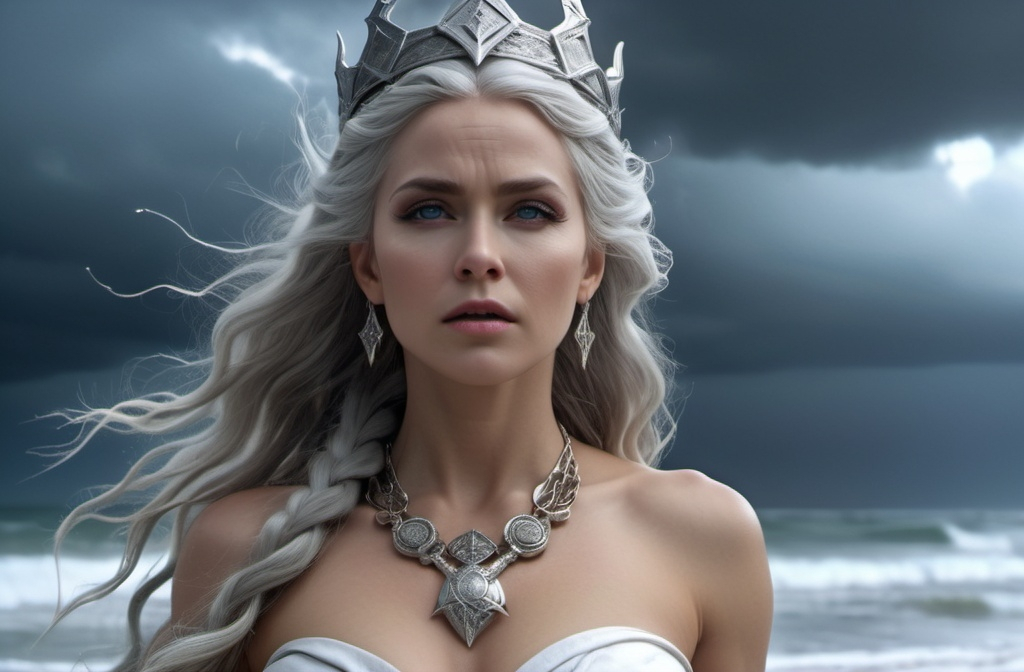 Prompt: Hludana Norse Goddess of violent winds, hyper realistic, HD 4k 3D, professional modeling, ethereal, light gray hair, white skin, gorgeous face, gorgeous jewelry and crown, on a beach in a storm, ambient glow, detailed, elegant, ethereal, mythical, goddess, moody lighting, majestic, goddesslike aura, Norse Mythology