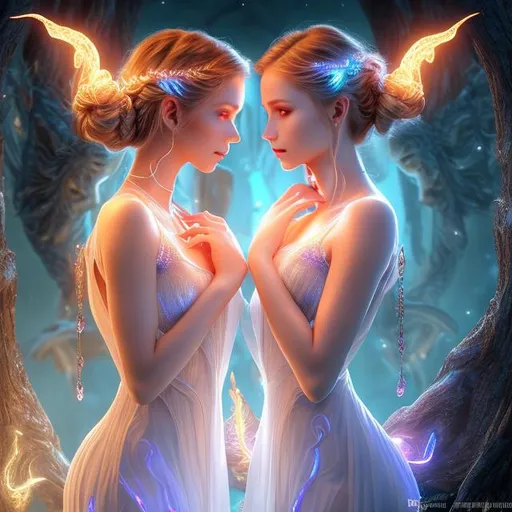 Prompt: HD 4k 3D 8k professional modeling photo hyper realistic two beautiful infernal twin nymphs women ethereal greek goddesses of the underworld
silver braided buns hair light eyes glittery pale skin gorgeous face mystical dress magical jewelry pixie wings carrying torches surrounded by mystical ambient glow hd landscape haunted underworld with sprites and glowing lights magic
