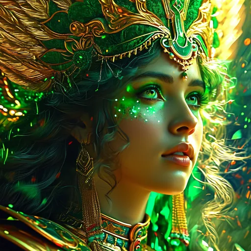 Prompt: Nerio, green Roman Goddess of War, pre-Raphaelite time-lapse motion blur Abstract* cyber graffiti, High resolution, detailed portrait, Midjourney style, ethereal atmosphere, flowing hair, captivating eyes, cosmic mystical aura, vibrant colors, soft lighting, professional, digital painting, enchanting presence, fantasy, dreamy, female, mystical, detailed hair, captivating gaze, professional lighting, hyper realistic, HD 4k 3D, professional modeling, ethereal, gorgeous face, ambient divine glow, detailed and intricate, elegant, ethereal, mythical, goddess, radiant lighting, armored, riding an elephant into battle