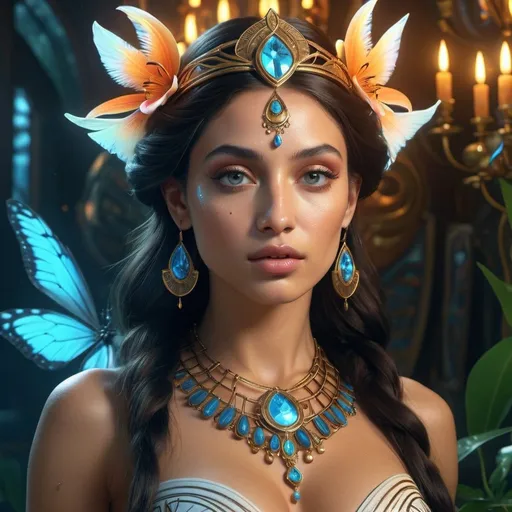 Prompt: HD 4k 3D, hyper realistic, professional modeling, enchanted Techno loving Cree Princess - Tigerlily, beautiful, magical, detailed, highly realistic woman, high fantasy background, techno trippy music lover style, elegant, ethereal, mythical, Greek goddess, surreal lighting, majestic, goddesslike aura, Annie Leibovitz style 