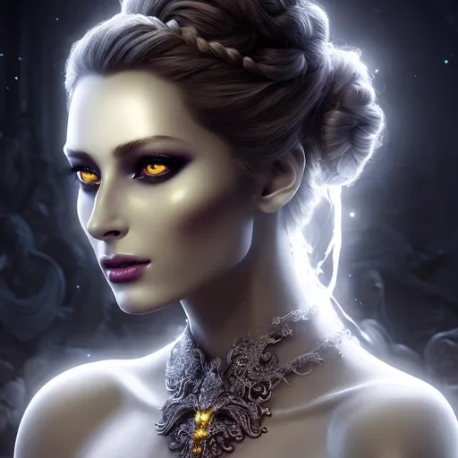 Prompt: HD 4k 3D 8k professional modeling photo hyper realistic beautiful demon woman ethereal greek goddess of ghosts, nightmares and madness
white double braided buns hair yellow eyes pale skin gorgeous face yellow grecian dress gothic jewelry death crown full body surrounded by magical ambient glow hd landscape spooky ghosts, nightmares, moon, dark magic
