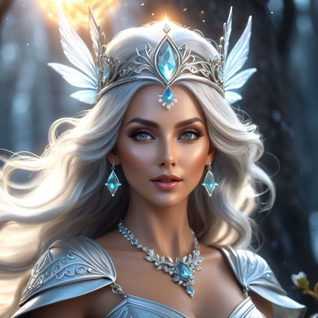 Prompt: evil witch, a kind of fairy or goddess having the appearance of such a woman, particularly active in raising the windstorms of spring, hyper realistic, HD 4k 3D, professional modeling, ethereal, gray hair, medium skin, gorgeous face, jewelry and headpiece, ambient divine glow, detailed and intricate, elegant, ethereal, mythical, goddess, radiant lighting, majestic, goddesslike aura