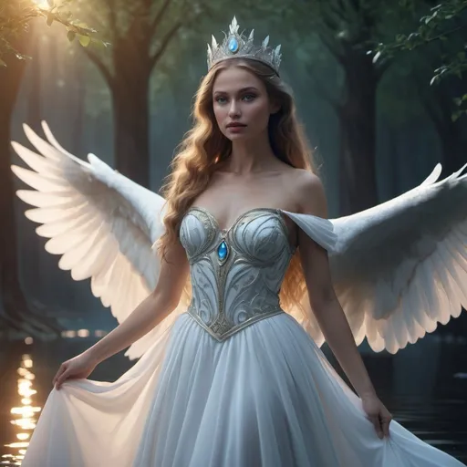 Prompt: HD 4k 3D, hyper realistic, professional modeling, enchanted Russian Princess - Odette, sorceress, beautiful, magical, Swan Lake, high fantasy background, detailed, highly realistic woman, elegant, ethereal, mythical, Greek goddess, surreal lighting, majestic, goddesslike aura